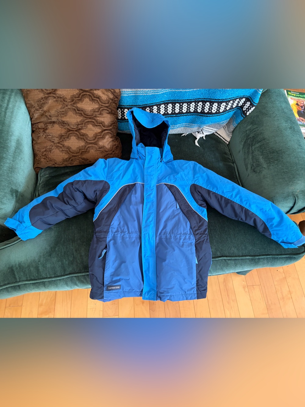 Lands' End Girls' Bright and Navy Blue Two-Tone Puffer 2 in 1 down coat